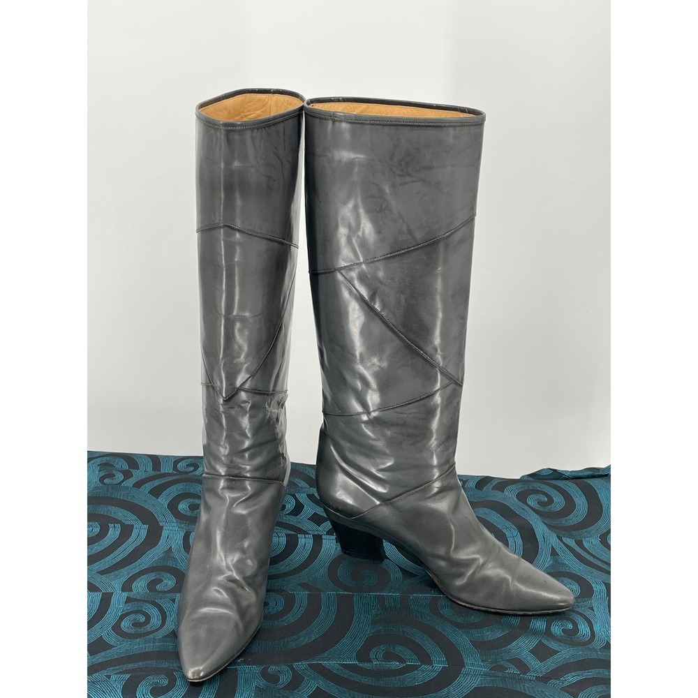 Vintage Italian Glossy Gray Calfskin Tall Boots 10N Pointed Toe